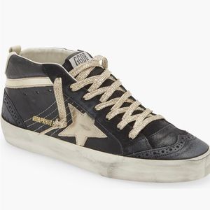 Golden Goose Mid Star Leather Glitter Sneaker Black Gold Ivory Womens 7 IS 37 EU